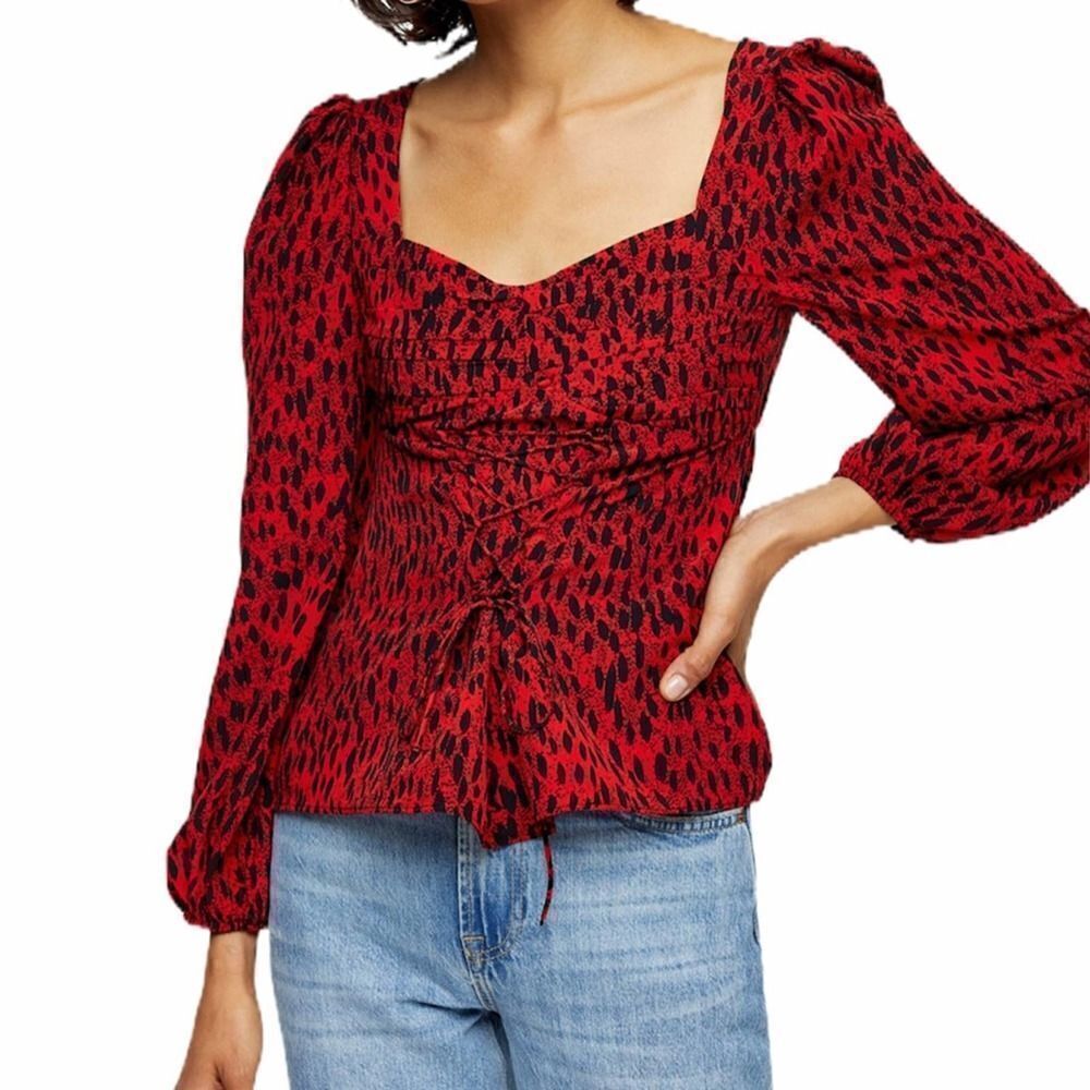 Topshop Red Leopard Lace-Up Prairie Blouse